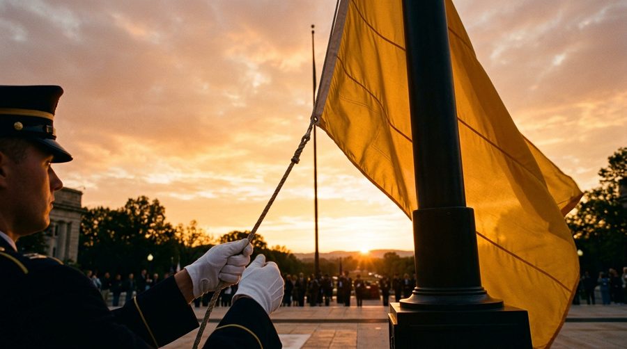 Petugas upacara menarik tali menaikkan bendera saat matahari terbit dengan cahaya keemasan